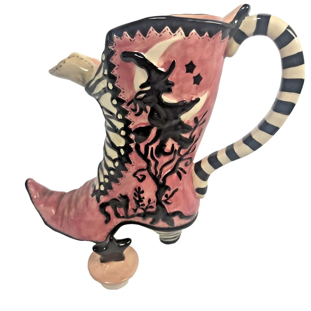 Blue Sky Clayworks Witch Boot Teapot Heather Goldminc Pink Black Halloween NEW